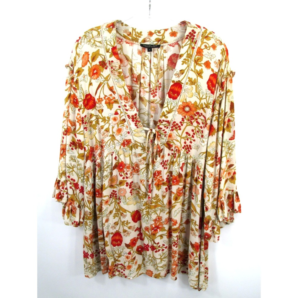 Rachel Zoe Peasant Blouse Womens L Ivory Floral Bell Sleeve Boho Cottage Core